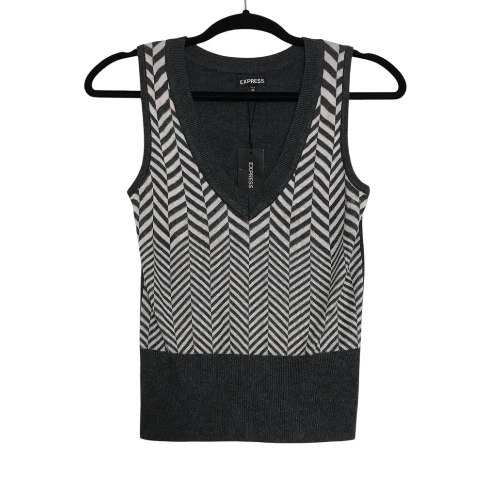 Express Y2K Preppy Gray Herringbone V-Neck Ribbed Sweater Vest Womens Size XS